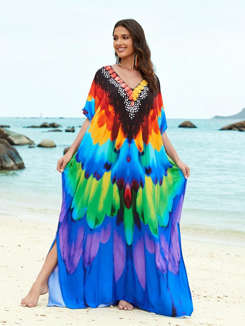IMAGEKOPE Women's Plus Size Loose Fit Moroccan Print V-Neck Batwing Kaftan Beach Dress Bathing Suit Cover Up - Image 2